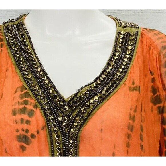Michael Kors Switzerland Orange Brown Sheer Embellished V Neck Tunic Top Size S - Picture 14 of 16